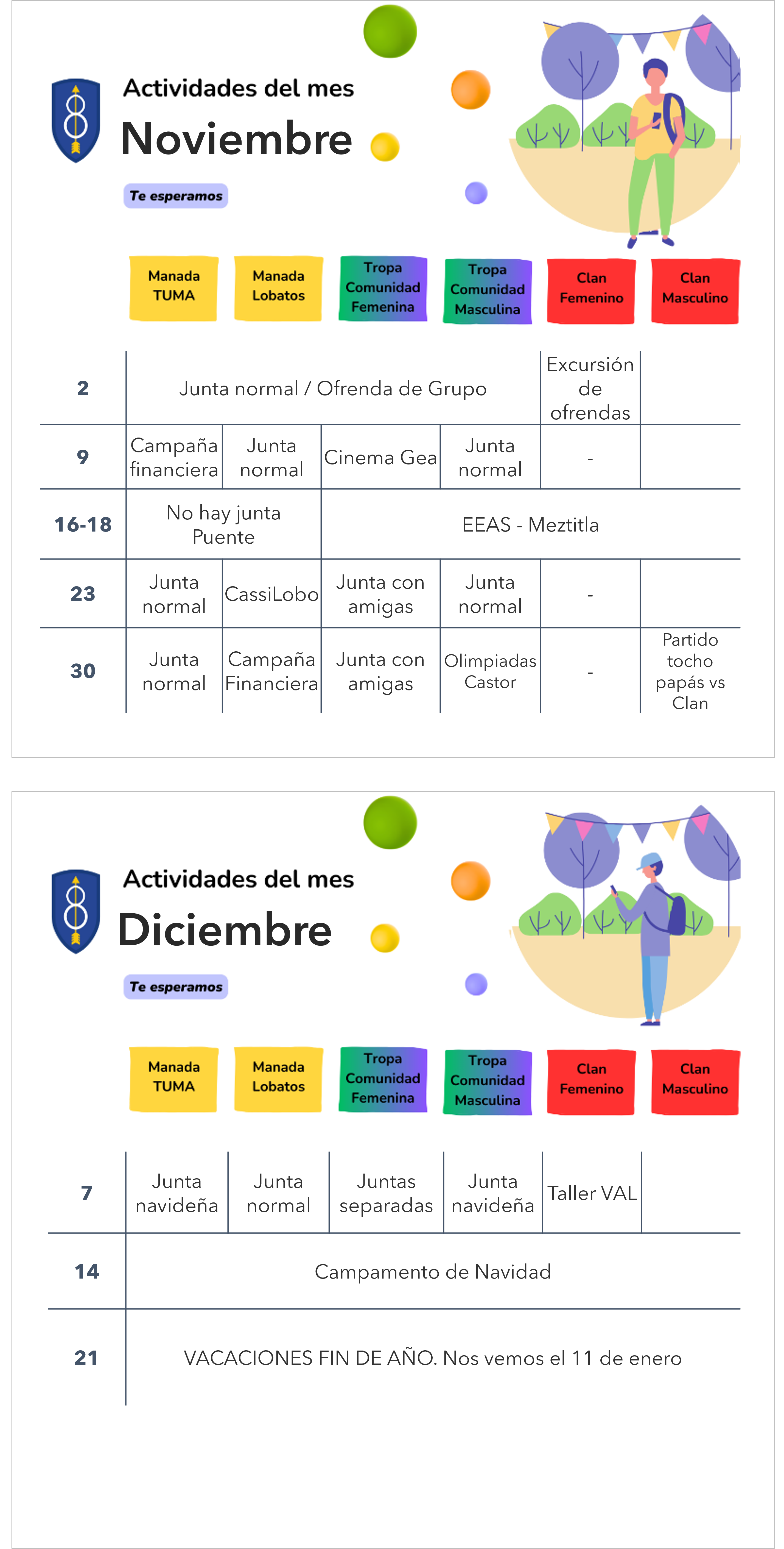 Calendario de Actividades de noviembre y diciembre 2024| Grupo 8 BJ | Scouts de México